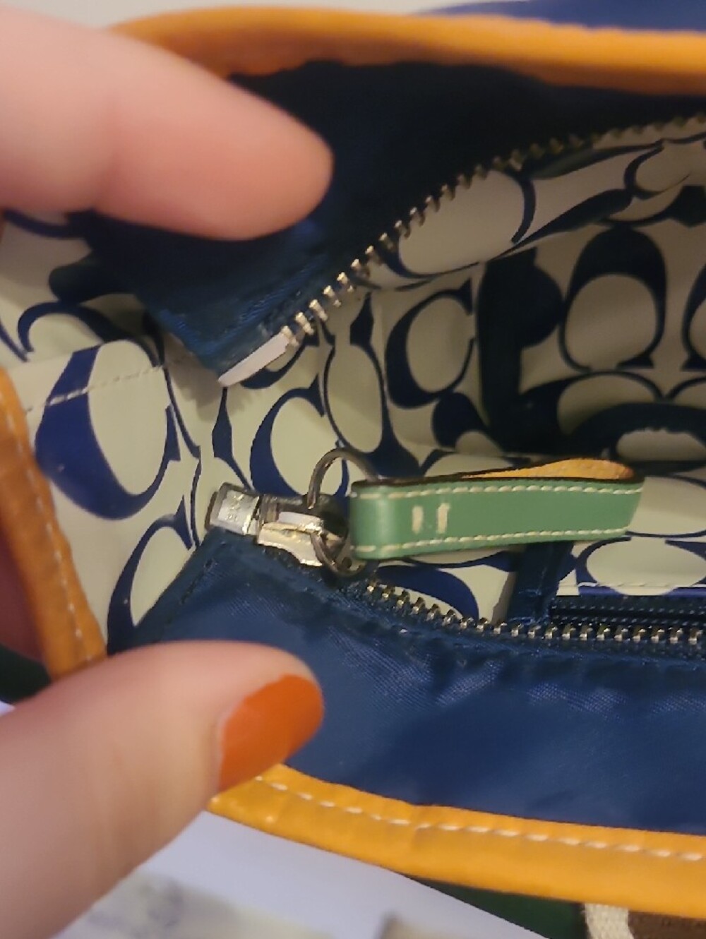 Coach Blue Tote Bag with Brown Accent and Yellow Trim Lined In Signature Plastic - Picture 7 of 12
